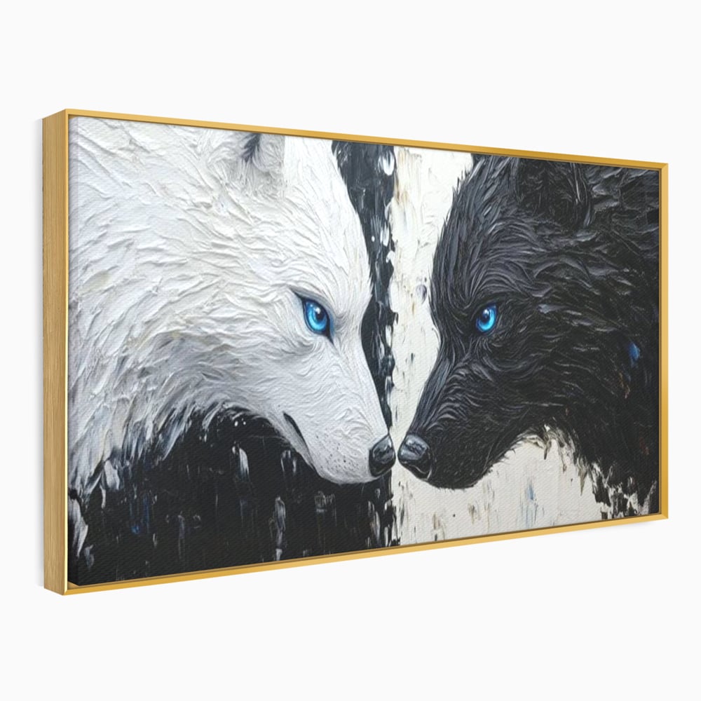 Tablou canvas cu tablou canvas cu doi lupi, in rama de aluminiu auriu